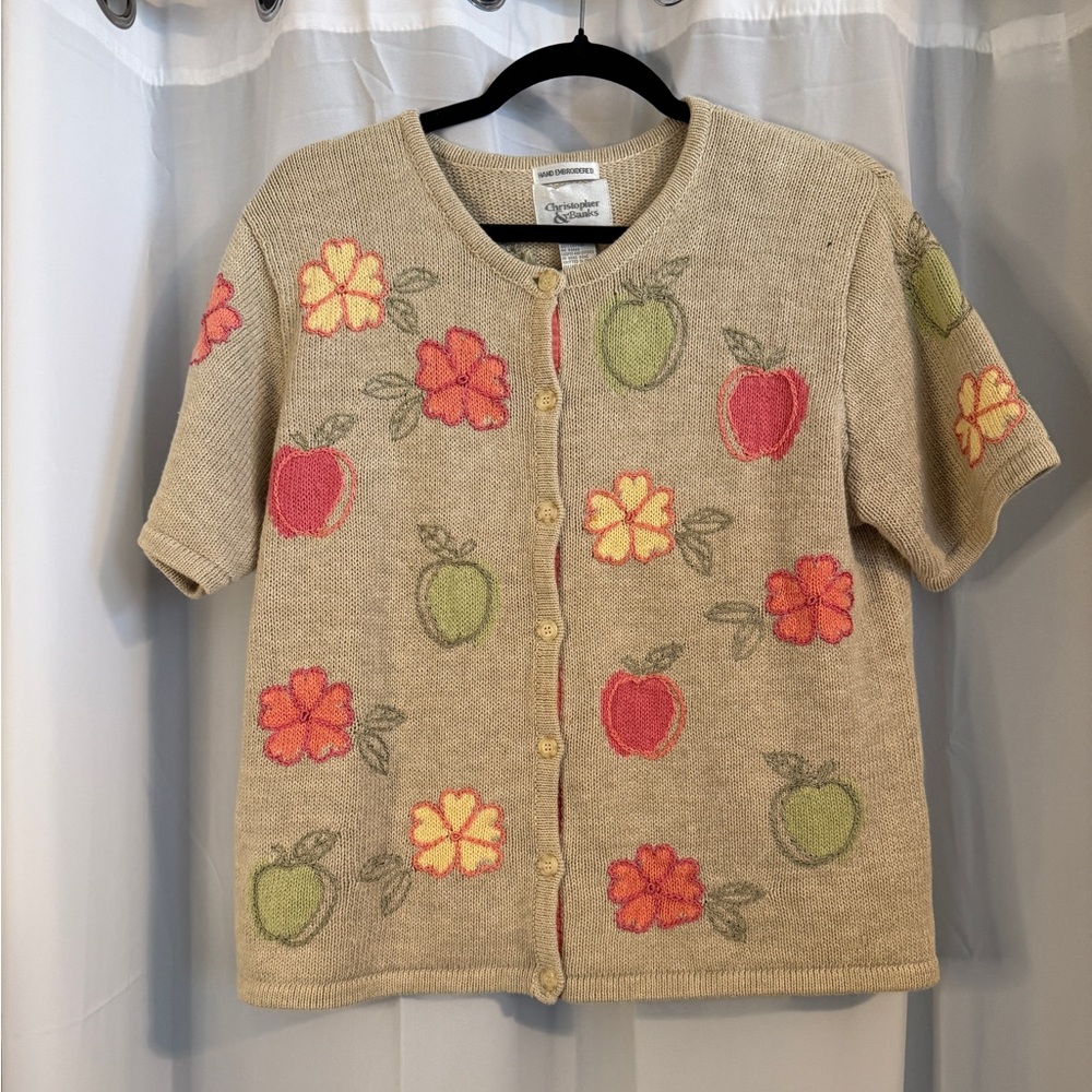 Vintage Christopher & Banks Hand Embroidered Apple Floral Cardigan